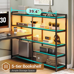 L-Shaped Gaming Desk with Power Outlet, LED Lights & Storage Shelves