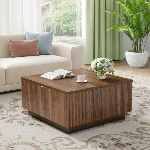Square Lift-Top Coffee Table with Fluted Design & Hidden Storage