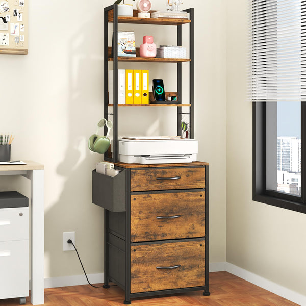 3-Drawer File Cabinet with Charging Station & 4-Tier Bookshelf