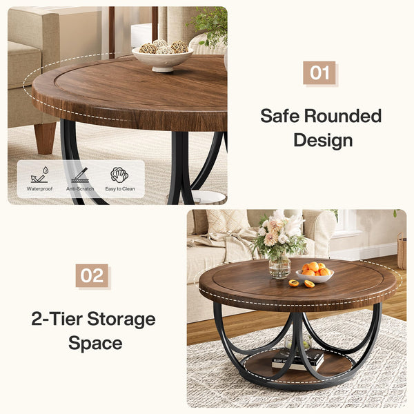 Round Coffee Table with Storage Shelf, 2-Tier Metal Frame