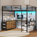 Full Size Loft Bed with U-Shaped Desk, Storage Drawers, LED Lights & Power Outlet