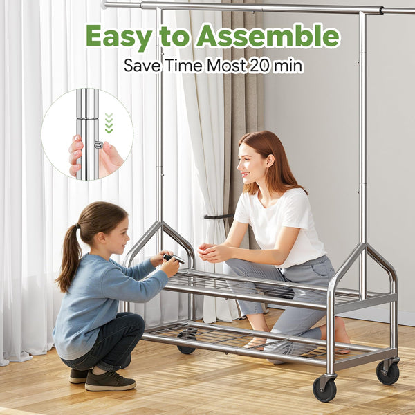 Heavy Duty Rolling Clothes Rack with Shelves