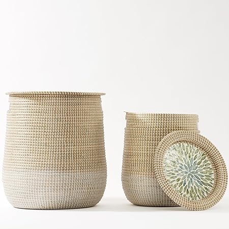 Seagrass Storage Basket Set of 4 – 2 Round & 2 Square Woven Bins with Handles