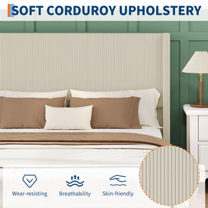 King Size Bed Frame with Storage Drawers, Corduroy Upholstered Wingback Platform Bed