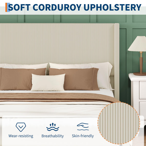 King Size Bed Frame with Storage Drawers, Corduroy Upholstered Wingback Platform Bed