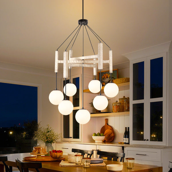 Wood & Glass Farmhouse Chandelier – 7-Light Dining Room Pendant