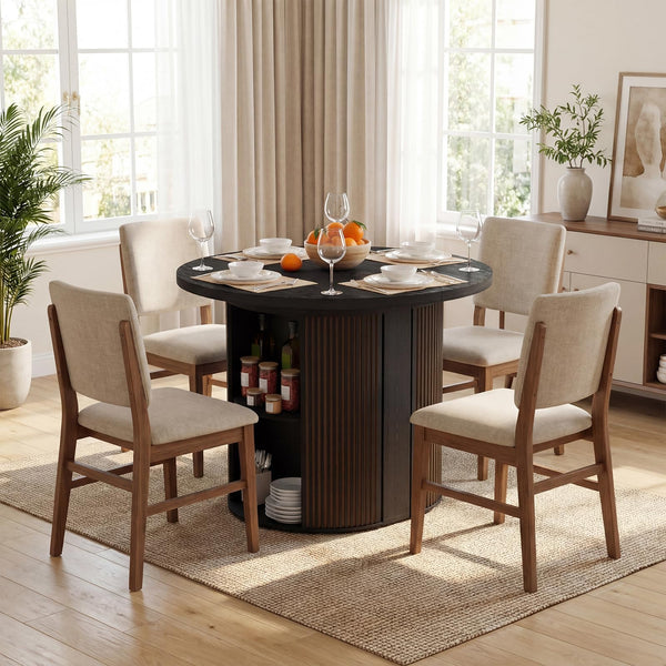 Expandable Round Dining Table with Storage Pedestal Base — Seats 2 to 12