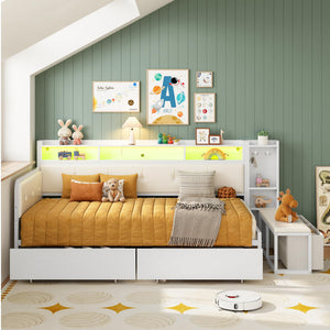 Twin Corner Daybed Frame with Storage Drawers, Charging Station & Bookcase Headboard