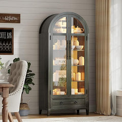 Arch Display Cabinet with Glass Doors, LED Lights & Drawer – 73" Tall