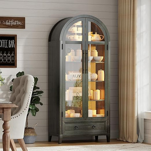 Arch Display Cabinet with Glass Doors, LED Lights & Drawer – 73" Tall