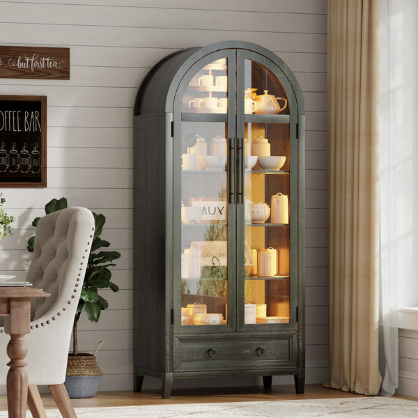 Arch Display Cabinet with Glass Doors, LED Lights & Drawer – 73" Tall