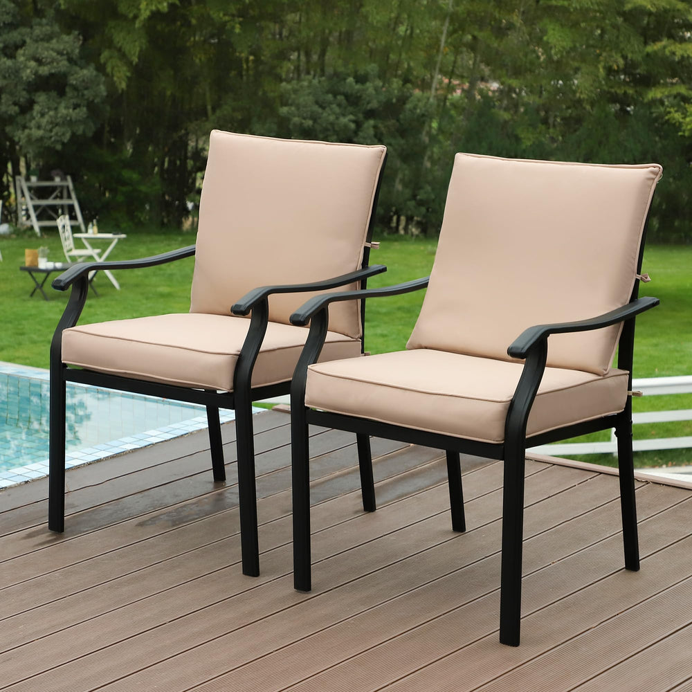 Metal Stackable Outdoor Patio Dining Chairs Set with Cushions – Khaki