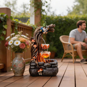 Gnome Outdoor Water Fountain with LED & Cascading Mushroom Waterfall