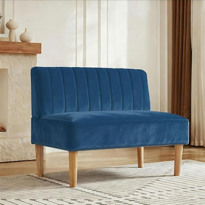 Velvet Armless Loveseat Settee with Channel-Tufted Back & Solid Wood Legs