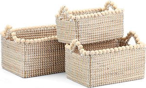 Seagrass Storage Basket Set of 4 – 2 Round & 2 Square Woven Bins with Handles