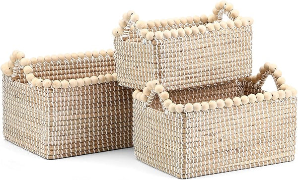 Seagrass Storage Basket Set of 4 – 2 Round & 2 Square Woven Bins with Handles