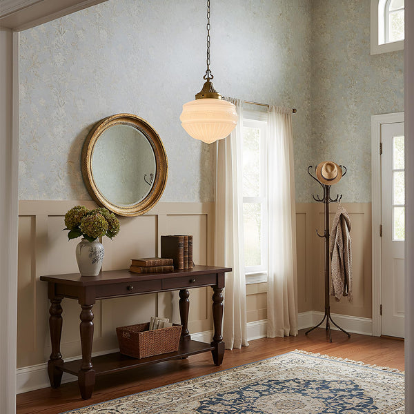Vintage Milk Glass Pendant Light with Antique Brass Finish – 13.8" Shade, E26