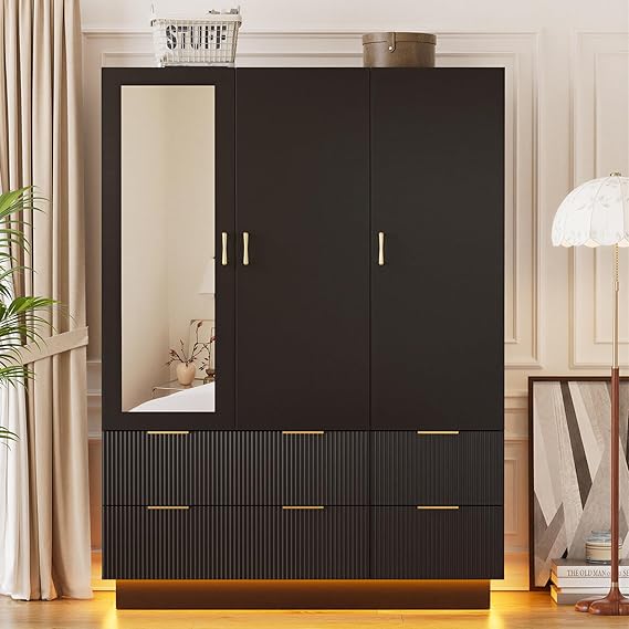 3-Door Armoire Wardrobe with Mirror & LED