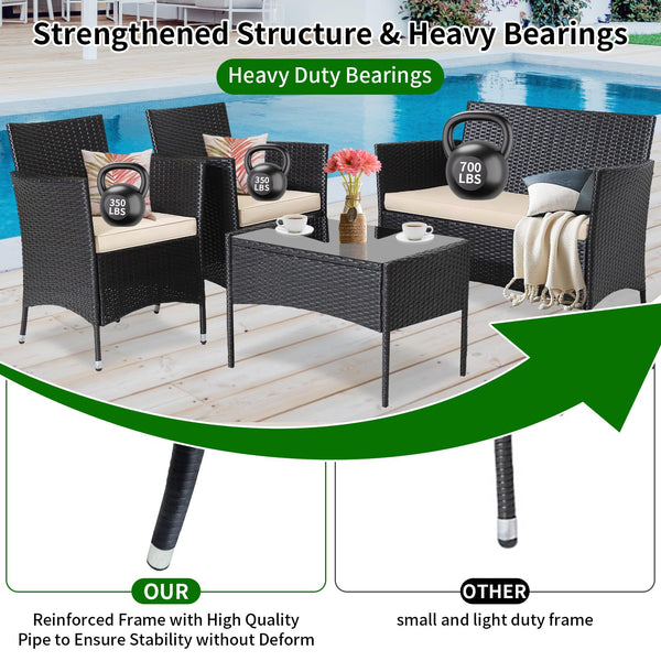4-Piece Wicker Outdoor Patio Furniture Set with Coffee Table