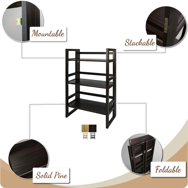 3-Shelf Folding Solid Wood Bookcase