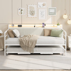 Twin Daybed with Pop-Up Trundle, RGB LED & Storage Headboard