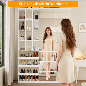 Mirrored Wardrobe Closet with Shoe Cabinet & 3 Drawers