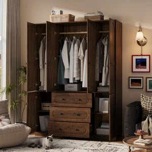 4-Door Freestanding Wardrobe Armoire with Drawers & Hanging Rods