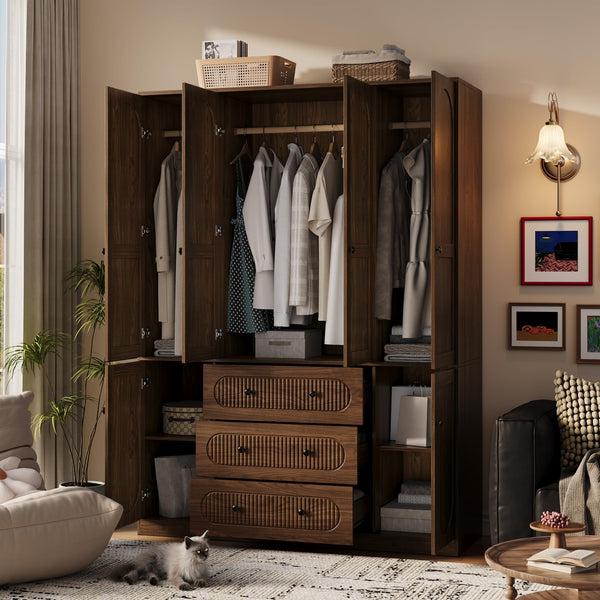 4-Door Freestanding Wardrobe Armoire with Drawers & Hanging Rods