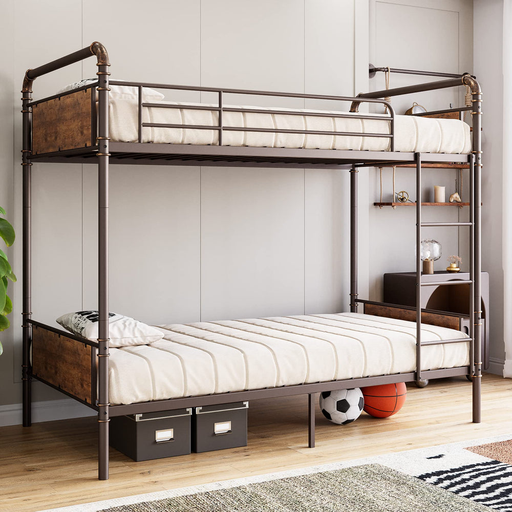 Twin Over Twin Metal Bunk Bed with Safety Guardrail