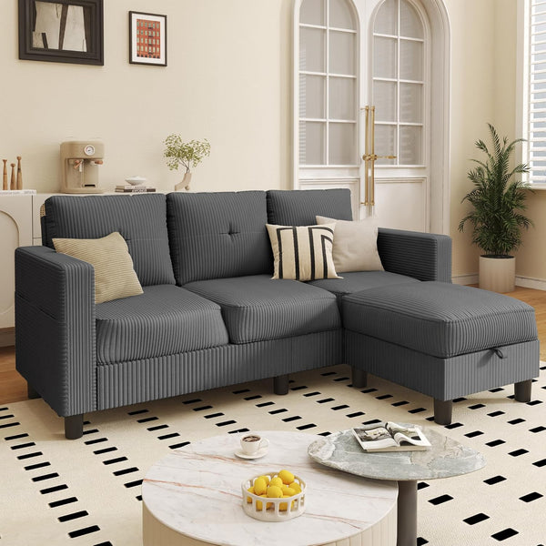 L-Shaped Sectional Sofa with Reversible Storage Ottoman