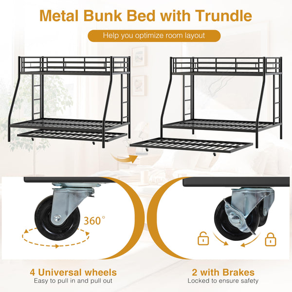 Metal Triple Bunk Bed with Trundle – Twin Over Full, Space-Saving Steel Frame