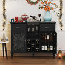 Vintage Wine Bar Cabinet with Carved Doors, Wine Racks & Glass Holder