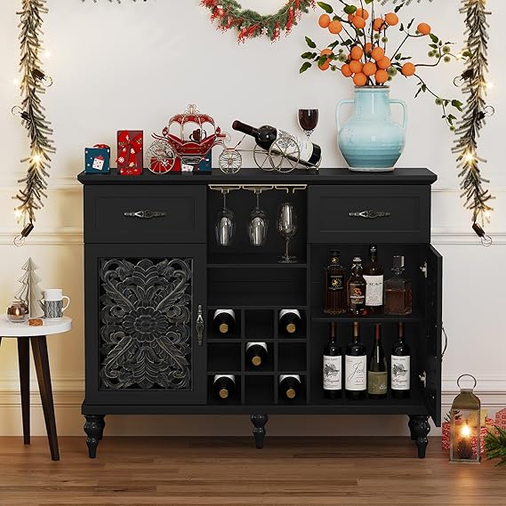 Vintage Wine Bar Cabinet with Carved Doors, Wine Racks & Glass Holder