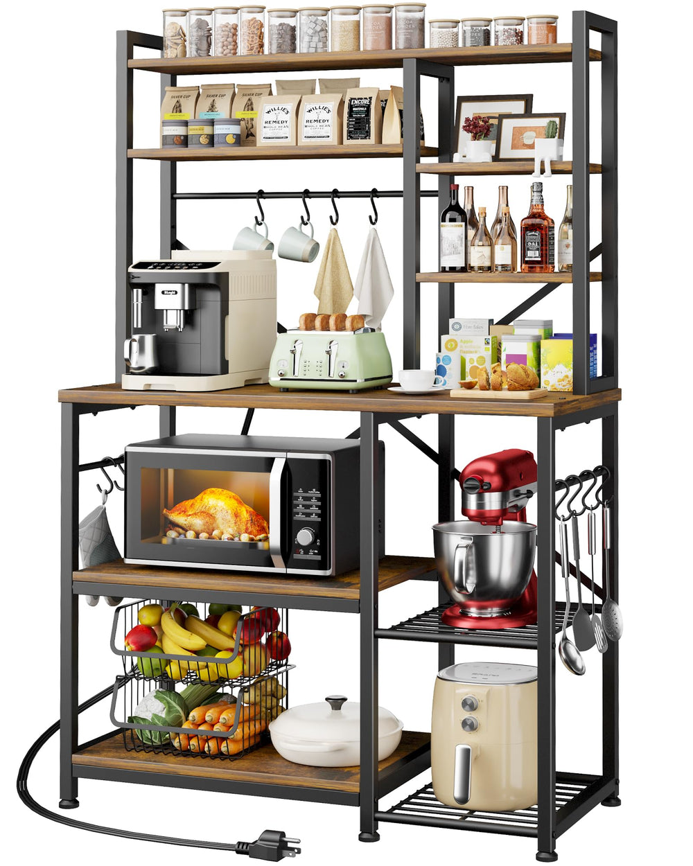 Baker's Rack with Power Outlet 12 Hooks Multi-Shelf Kitchen Storage