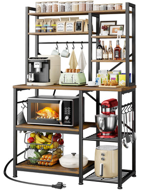 Baker's Rack with Power Outlet 12 Hooks Multi-Shelf Kitchen Storage