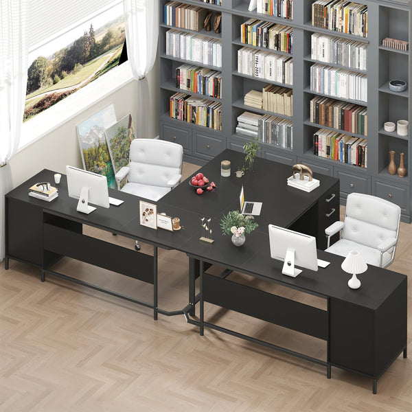 L-Shaped Corner Desk with 6 Drawers and File Cabinet