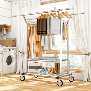 Heavy Duty Rolling Clothes Rack with Shelves