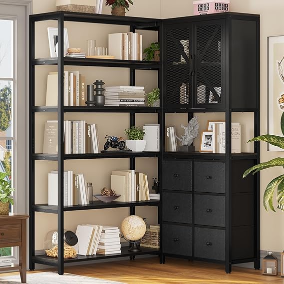 L-Shaped Corner Bookshelf with Fabric Drawers, 6-Tier