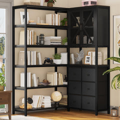 L-Shaped Corner Bookshelf with Fabric Drawers