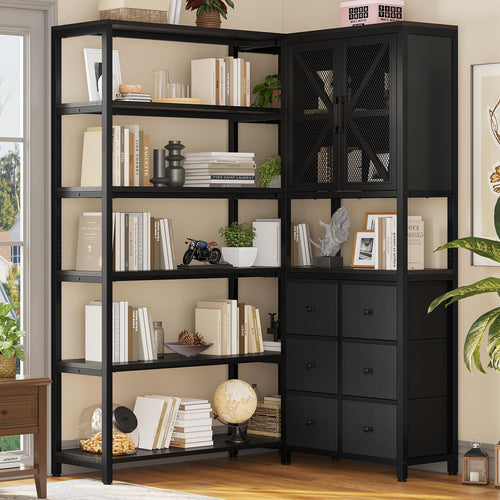 L-Shaped Corner Bookshelf with Fabric Drawers