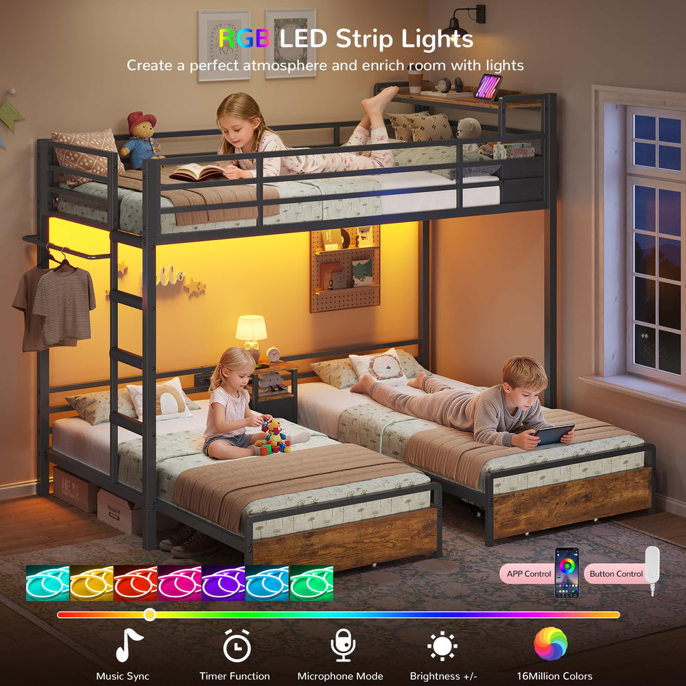 Triple Bunk Bed Twin Over Twin with LED Lights & Storage
