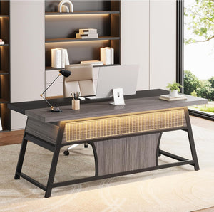 63-Inch Double Desk with LED Light & Storage Shelf