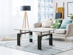 Rectangle Glass Coffee Table with Lower Shelf & Black Metal Legs