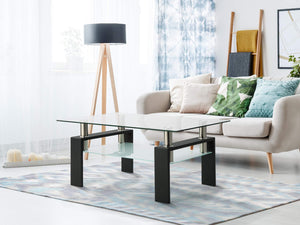 Rectangle Glass Coffee Table with Lower Shelf & Black Metal Legs