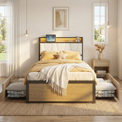 Twin XL Bed Frame with Storage Drawers, Charging Station & LED Lights
