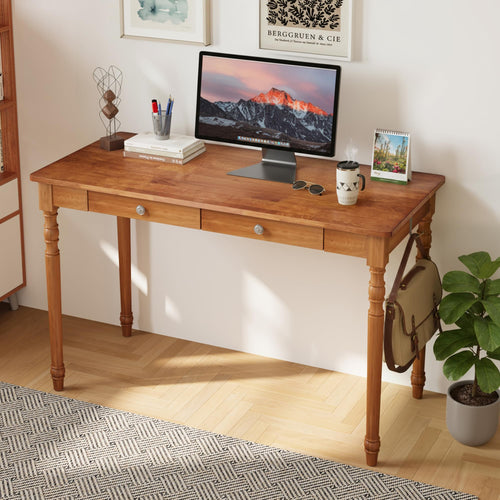 Solid Wood Writing Desk 48-Inch with 2 Drawers & Hooks
