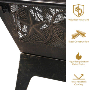 Square Outdoor Wood-Burning Fire Pit with Grill Grate, Spark Screen & Poker