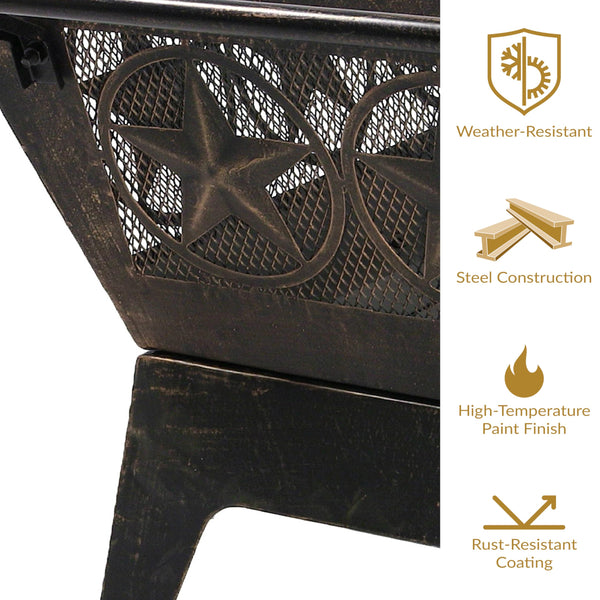Square Outdoor Wood-Burning Fire Pit with Grill Grate, Spark Screen & Poker