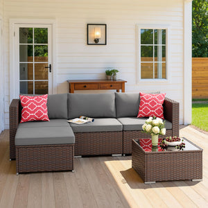 5-Piece Outdoor Wicker Sectional Patio Set with Cushions & Glass Table