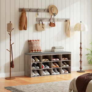Entryway Shoe Storage Bench with Cushion & Coat Rack, 12 Cubbies, 330 lb Capacity